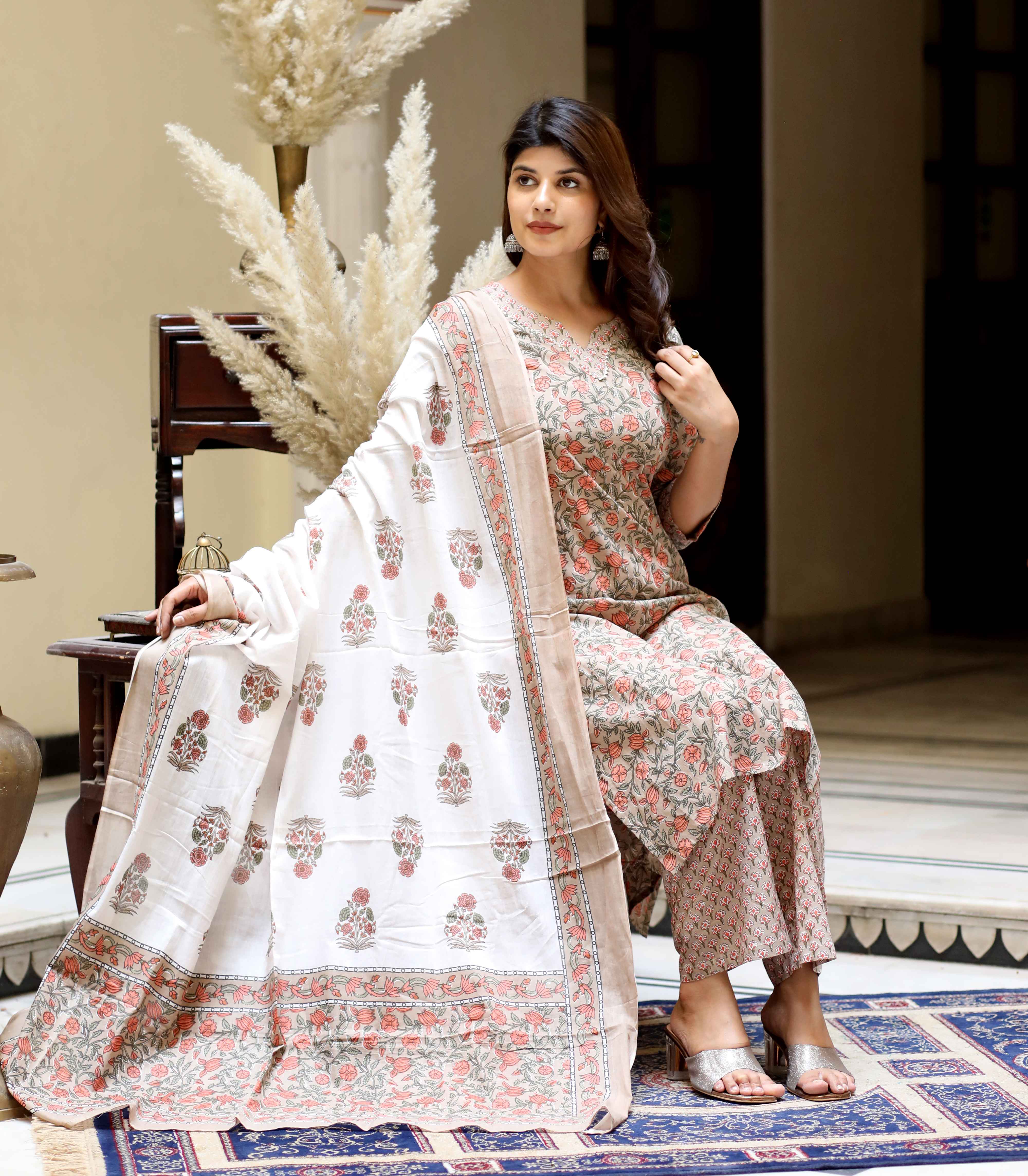 Brown Floral Printed Kurta with Palazzo Set – Rajasthani Inspired Party Wear